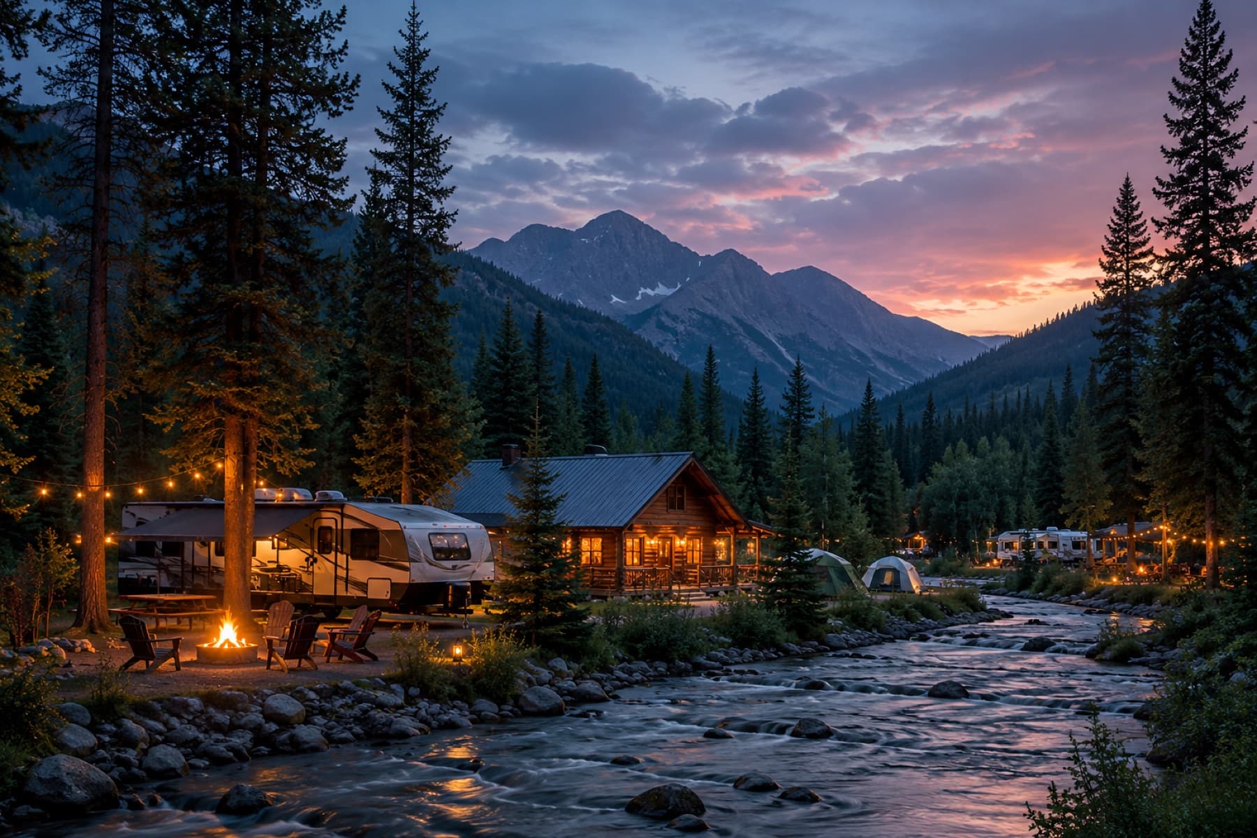 Mountain campground beside a river at dusk